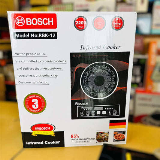 Bosch Infrared Cooker (Model RBK-12) 2200W power output ke sath deta hai. 85% power-saving inverter technology energy bills kam karti hai, kisi bhi pot ya cookware ke sath compatible hai